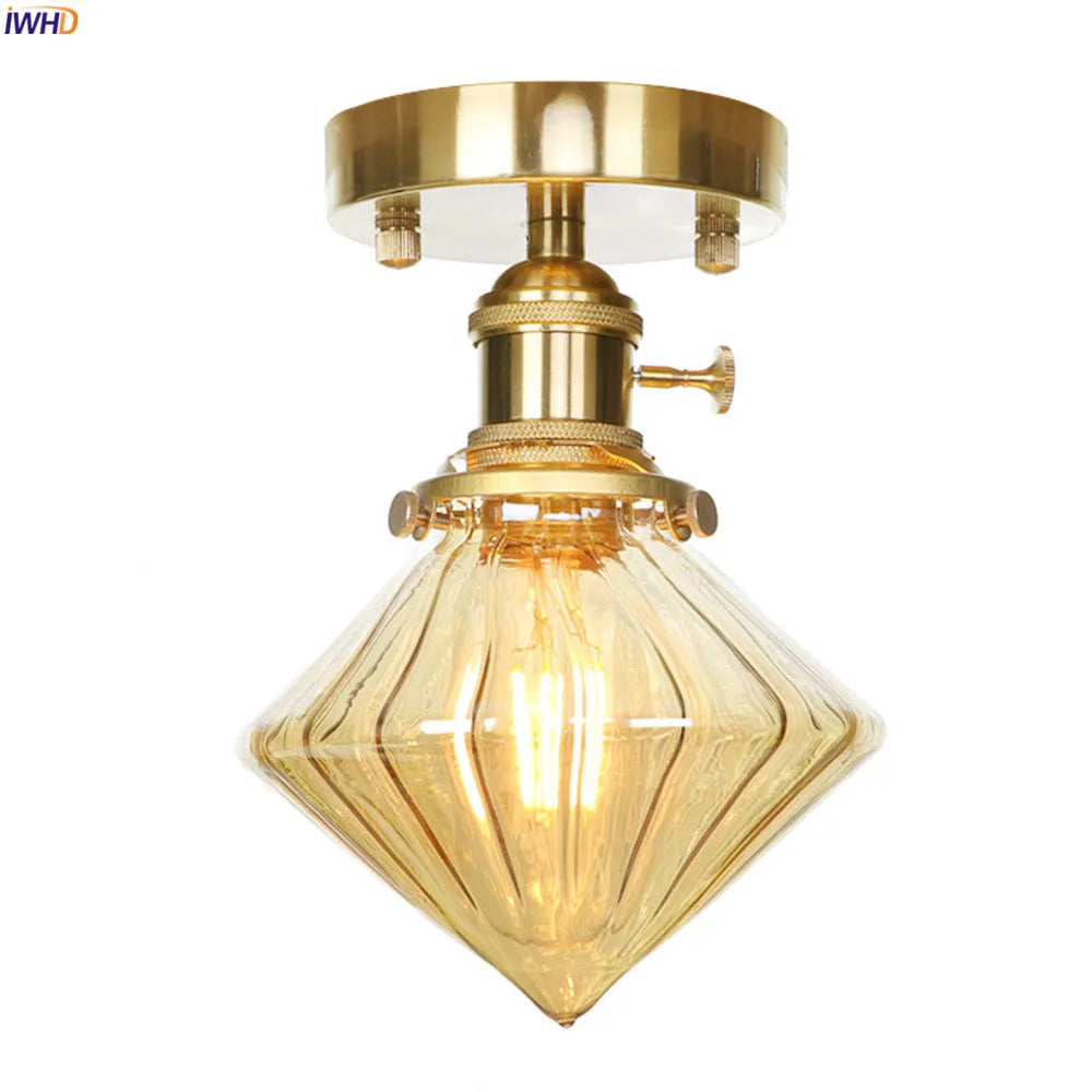 IWHD Nordic diamond Glass Ceiling Lights Fixtures Living Room Lamp Vintage Copper LED Ceiling Light Plafon Lamparas De Techo