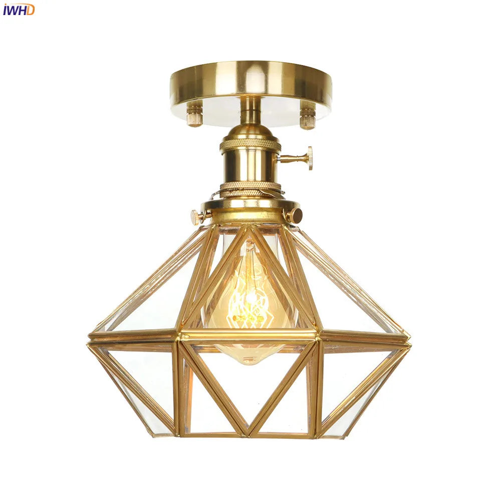 IWHD Nordic Modern Diamond Retro Ceiling Lamp Living Room Balcony Porch Glass Copper LED Ceiling Light Plafondlamp Lampar Techo