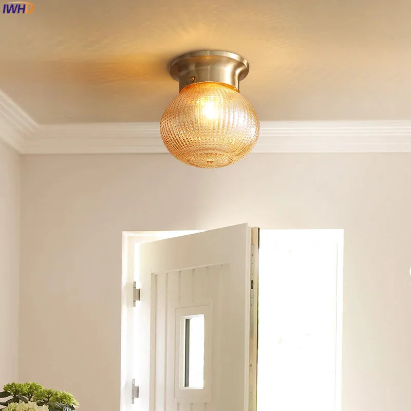 IWHD American Copper Ceiling Lamp Kitchen Hallway Balcony Porch Glass Ball Modern Vintage LED Ceiling Light Plafonnier Luminaria