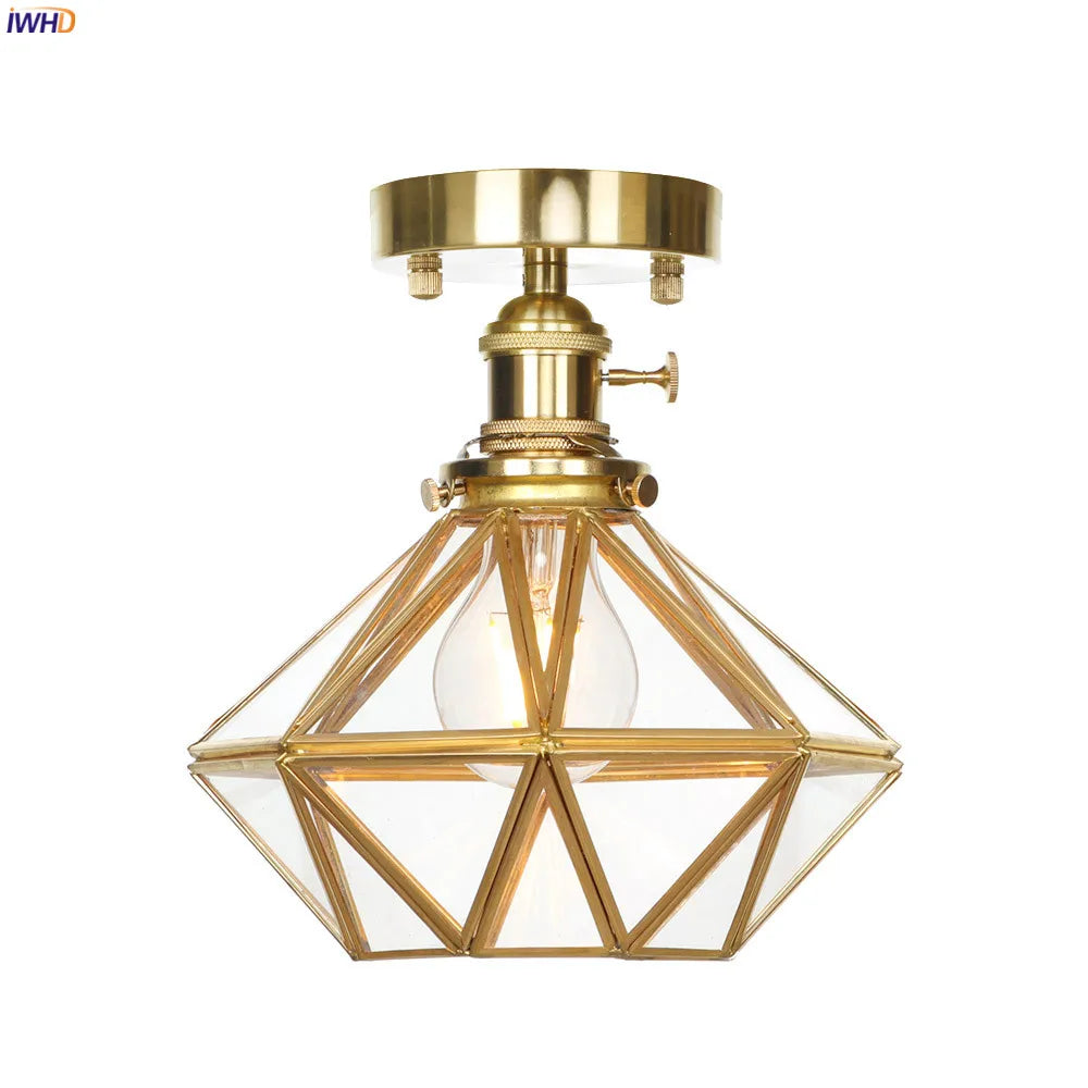 IWHD Nordic Modern Diamond Retro Ceiling Lamp Living Room Balcony Porch Glass Copper LED Ceiling Light Plafondlamp Lampar Techo