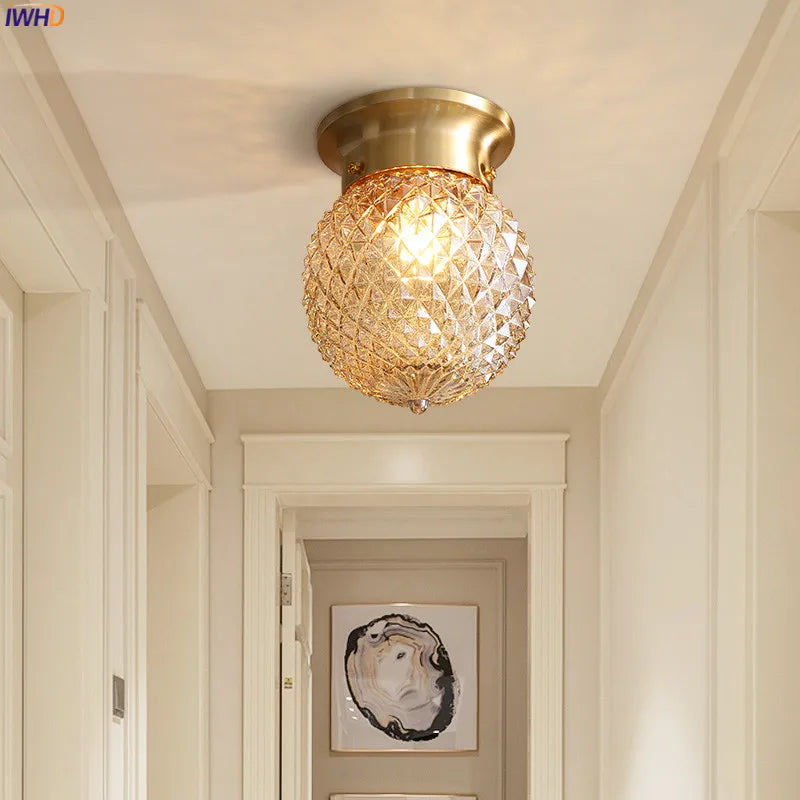 IWHD American Copper Ceiling Lamp Kitchen Hallway Balcony Porch Glass Ball Modern Vintage LED Ceiling Light Plafonnier Luminaria