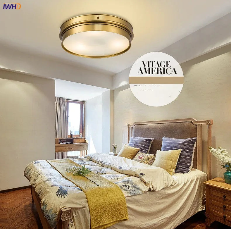 IWHD Round Glass Copper Ceiling Lights For Living Room Bedroom Kitchen American Vintage LED Ceiling Light Fixtures Plafondlamp