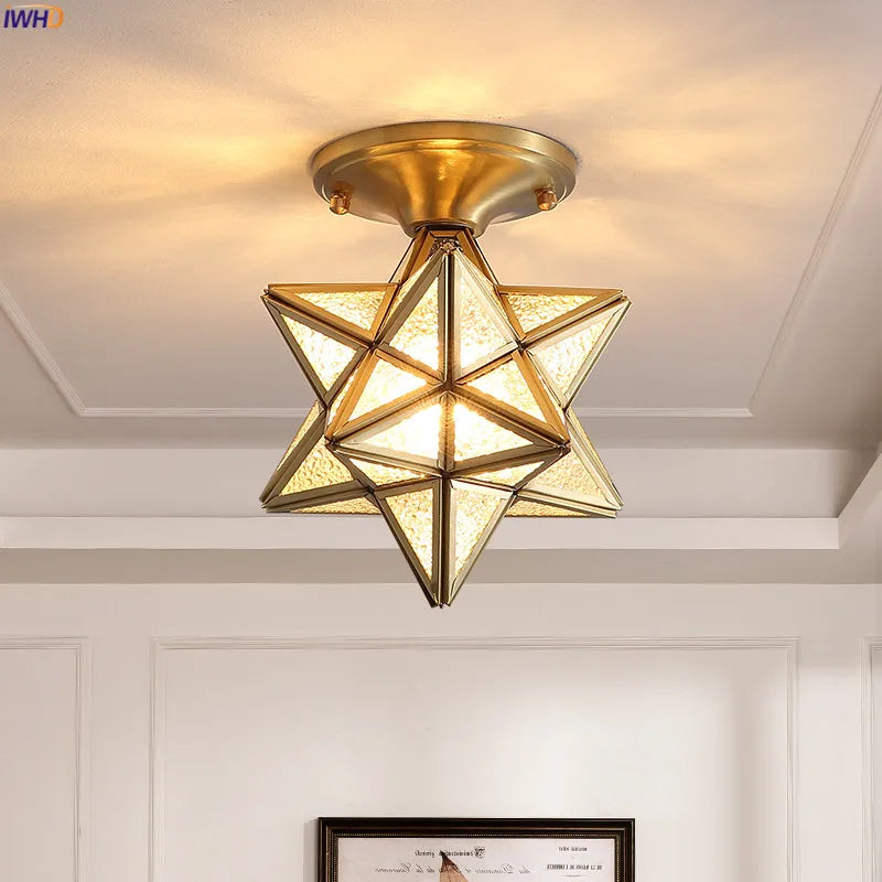 IWHD American Copper Glass Ceiling Lamp Kitchen Hallway Balcony Porch Star Vintage LED Ceiling Light Plafon Luminaria Lighting