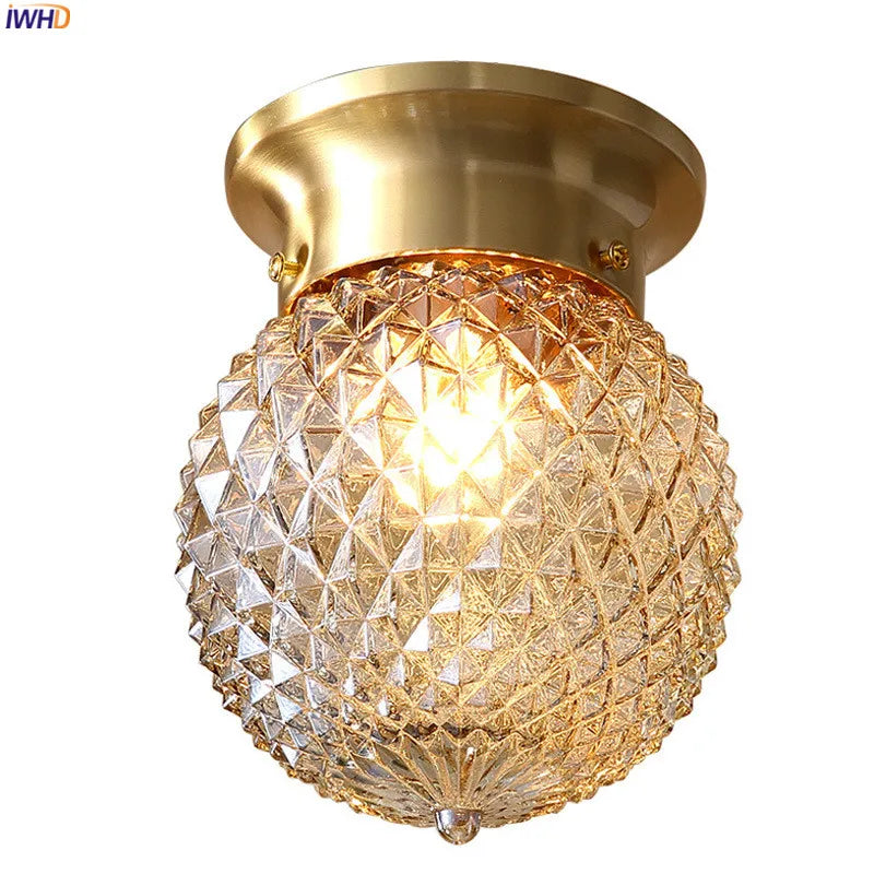 IWHD American Copper Ceiling Lamp Kitchen Hallway Balcony Porch Glass Ball Modern Vintage LED Ceiling Light Plafonnier Luminaria