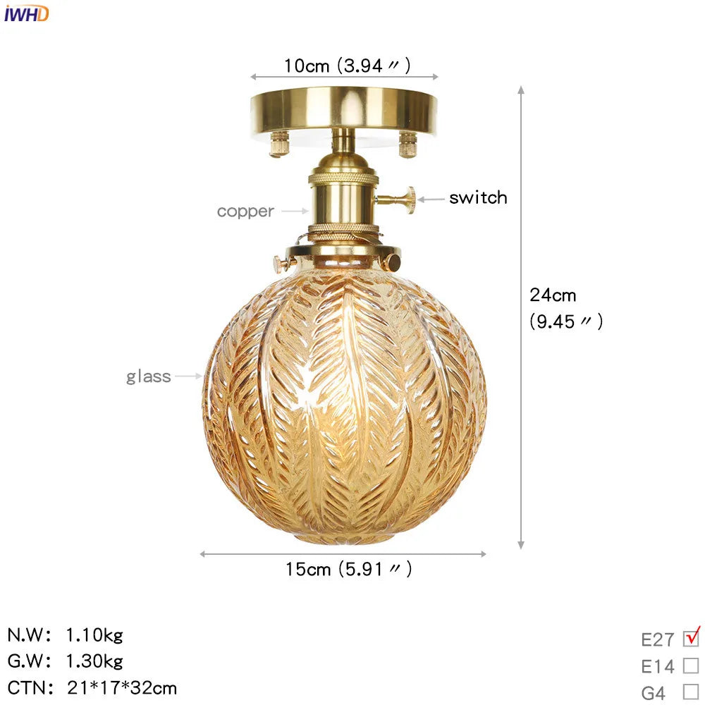 IWHD Nordic Style Glass Ball LED Ceiling Light Fixtures Porch Living Room Lights Copper Ceiling Lamps Plafon Luminaire De Techo