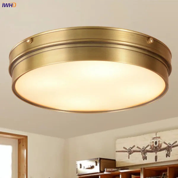 IWHD Round Glass Copper Ceiling Lights For Living Room Bedroom Kitchen American Vintage LED Ceiling Light Fixtures Plafondlamp