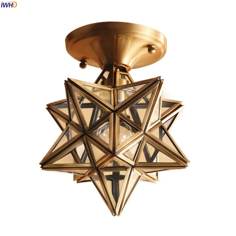 IWHD American Copper Glass Ceiling Lamp Kitchen Hallway Balcony Porch Star Vintage LED Ceiling Light Plafon Luminaria Lighting