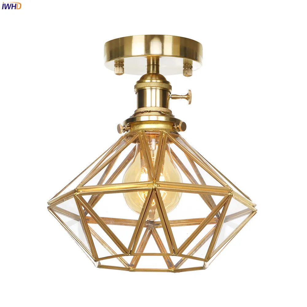 IWHD Nordic Modern Diamond Retro Ceiling Lamp Living Room Balcony Porch Glass Copper LED Ceiling Light Plafondlamp Lampar Techo