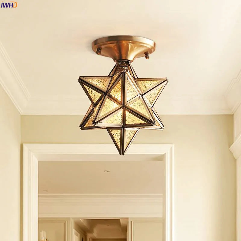 IWHD American Copper Glass Ceiling Lamp Kitchen Hallway Balcony Porch Star Vintage LED Ceiling Light Plafon Luminaria Lighting