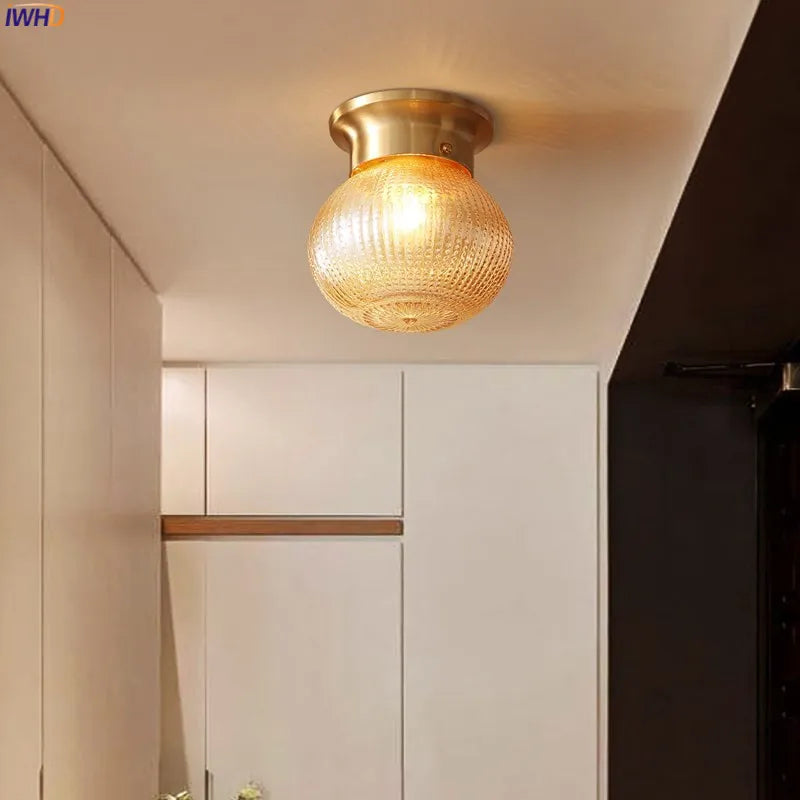 IWHD American Copper Ceiling Lamp Kitchen Hallway Balcony Porch Glass Ball Modern Vintage LED Ceiling Light Plafonnier Luminaria