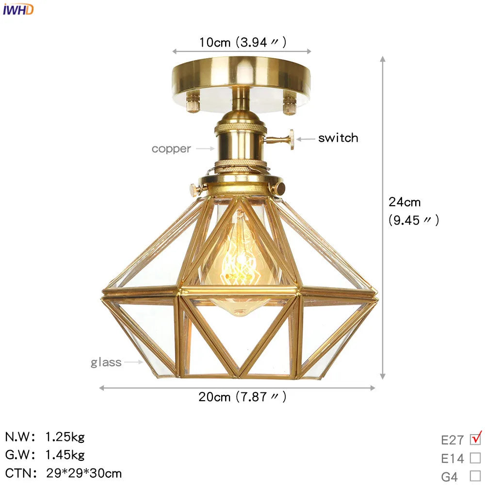 IWHD Nordic Modern Diamond Retro Ceiling Lamp Living Room Balcony Porch Glass Copper LED Ceiling Light Plafondlamp Lampar Techo