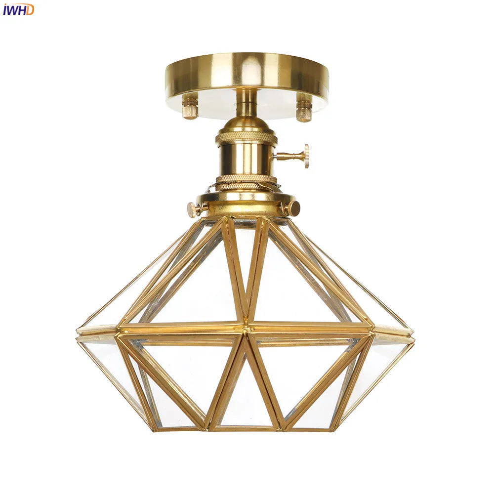 IWHD Nordic Modern Diamond Retro Ceiling Lamp Living Room Balcony Porch Glass Copper LED Ceiling Light Plafondlamp Lampar Techo