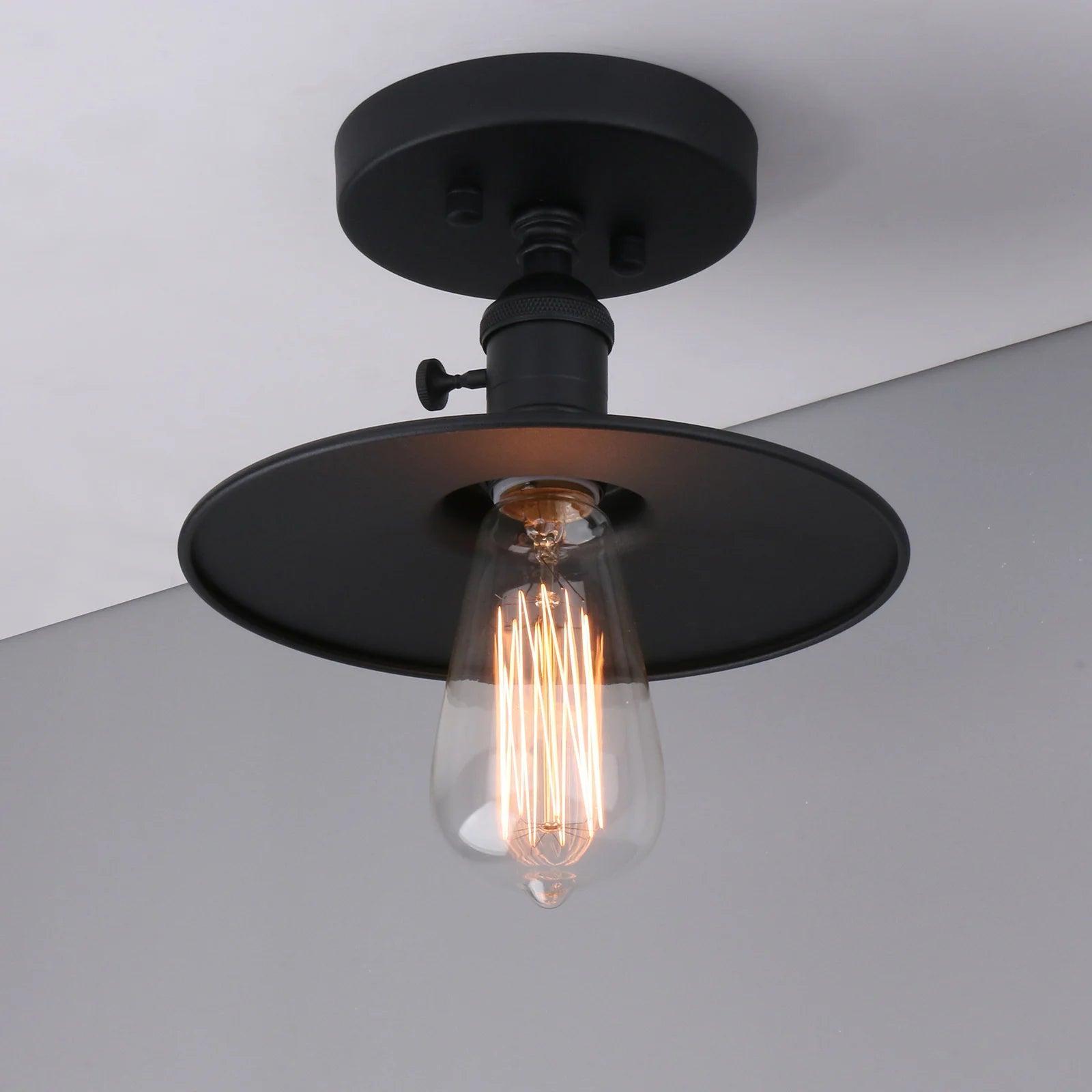 Permo Semi Flush Mount Ceiling Light Matte Black Finished Pendant Light with 7.87 Inches Flat Metal and ON/Off Button