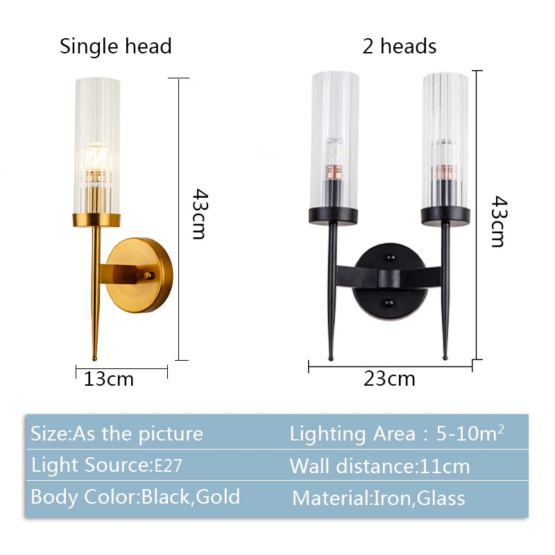 Modern Wall Lamp Glass Lampshade Gold Indoor Sconce LED Simple Wall Lights Bedroom Bedside Lamp (E27 LED Bulb For Free)