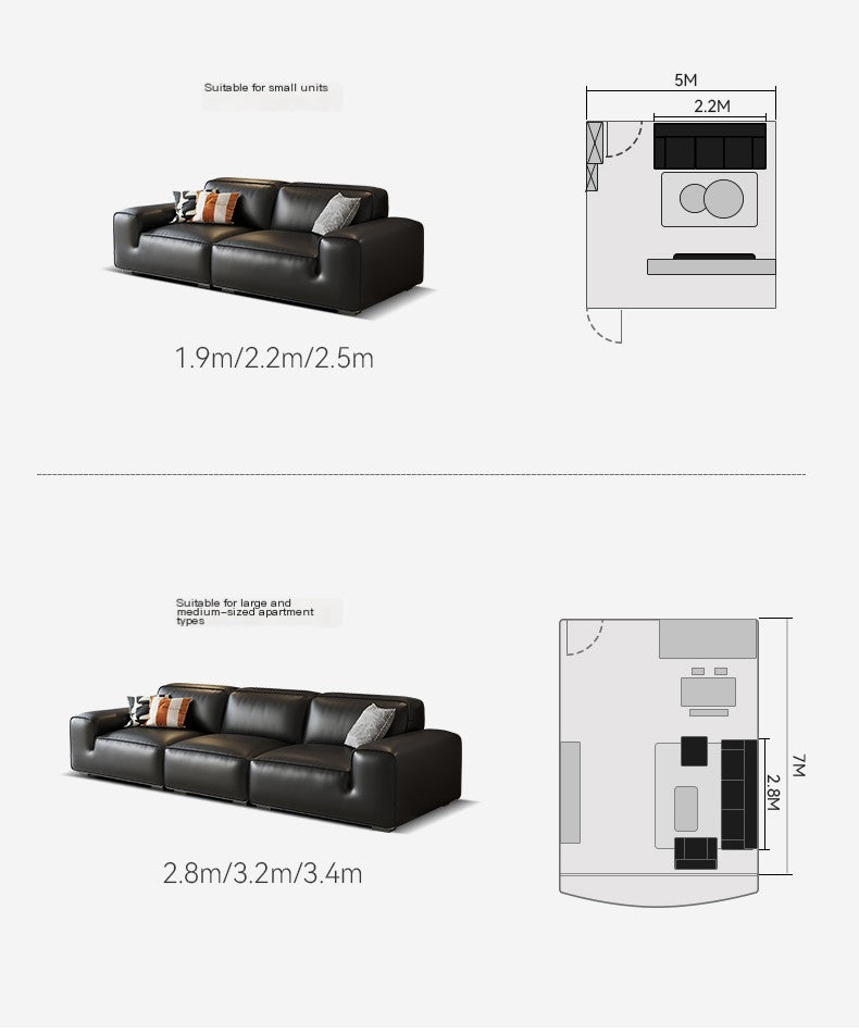 Manhattan Sofa | Black Calf Leather Straight Sofa Living Room Arm Rest Couch