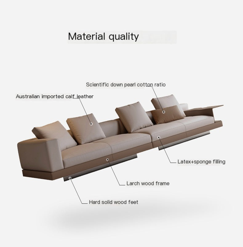 Milano Sofa | Beige Straight Calf Leather Wooden Arm Rest Sofa
