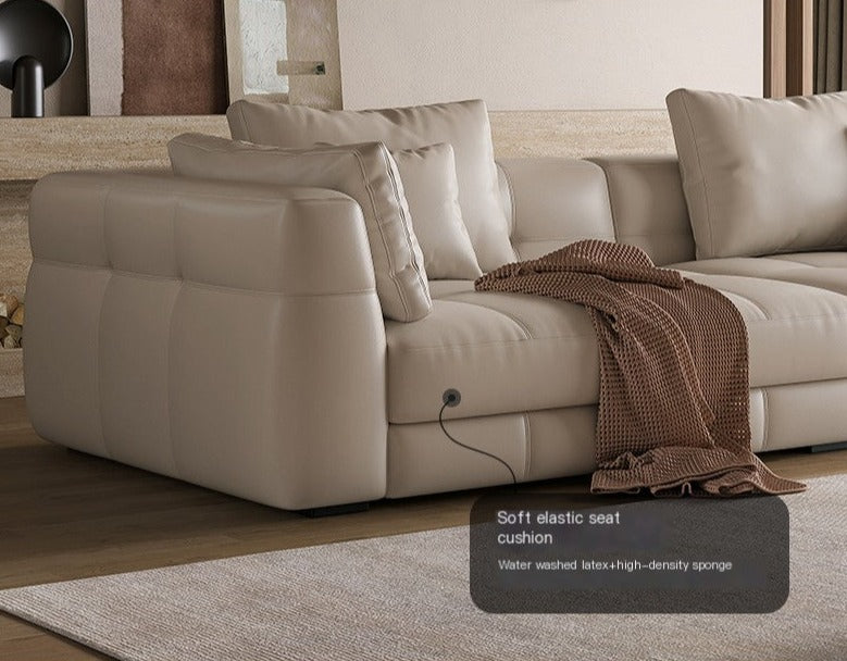 أريكة ماريت | أريكة مستقيمة من جلد العجل باللون البيج على الطراز الإيطالي مع وسائد