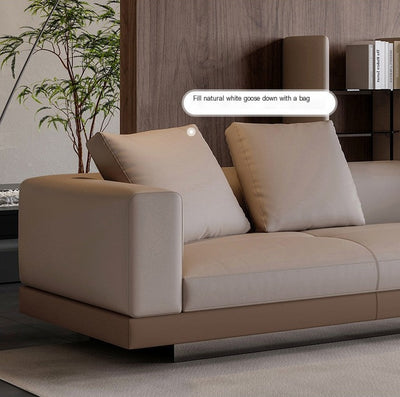 Milano Sofa | Beige Straight Calf Leather Wooden Arm Rest Sofa