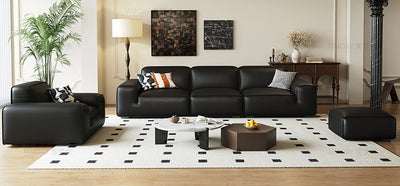 أريكة مانهاتن | أريكة مستقيمة من جلد العجل الأسود لغرفة المعيشة، مسند للذراع