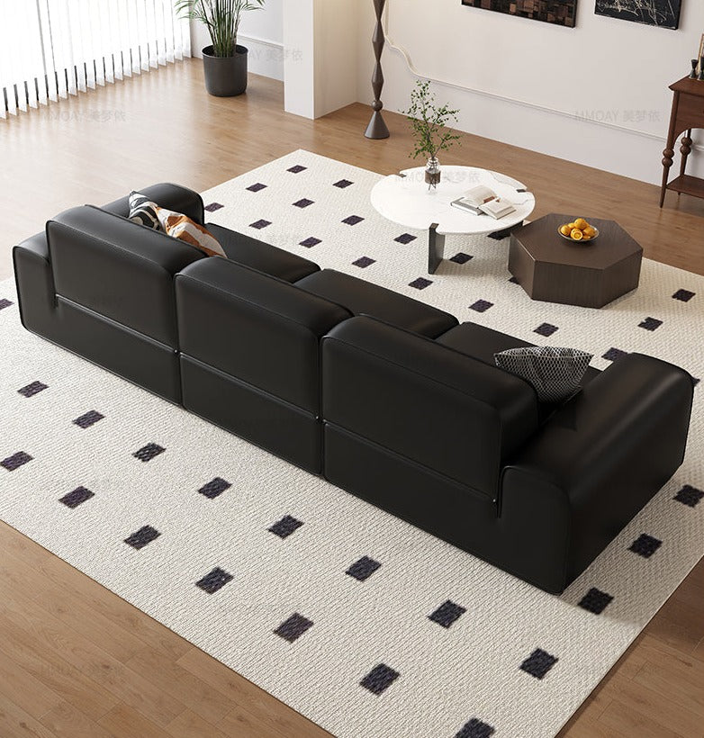 أريكة مانهاتن | أريكة مستقيمة من جلد العجل الأسود لغرفة المعيشة، مسند للذراع