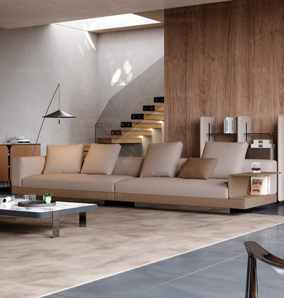 أريكة ميلانو | أريكة مسند ذراع خشبية من جلد العجل باللون البيج
