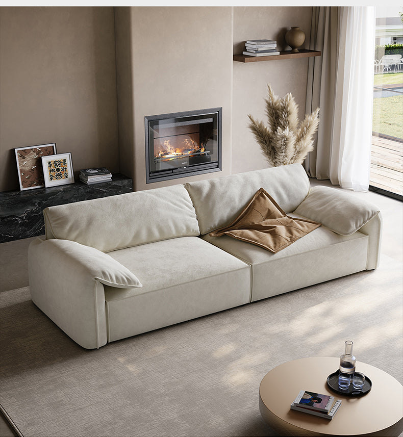 Sofá Laurel | Opciones de terciopelo de tela color crema beige, sofá con reposabrazos para sala de estar