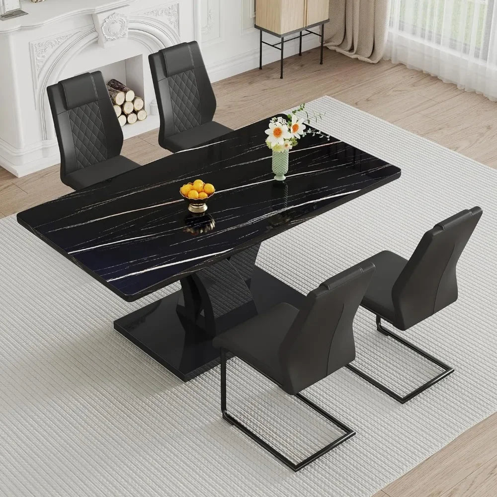 Ruben Modern Dining Table Set | Rectangular Faux Marble Kitchen with MDF Legs and Black PU Leather Upholstered Dining Chairs