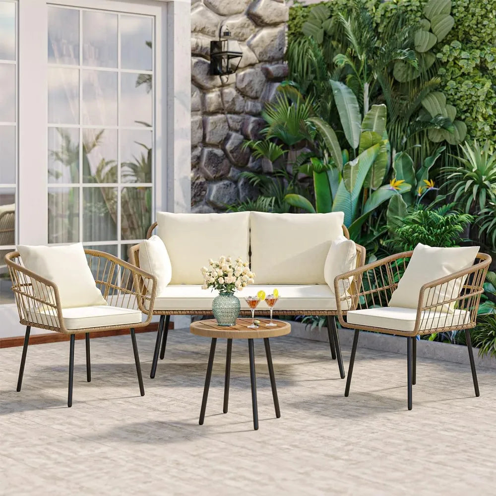 Ottone Outdoor Sofa Set | Loveseat Chairs Table Soft Cushions, Outdoor All-Weather Rattan Conversation Set