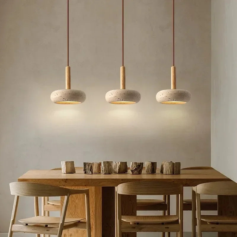 Wabi Sabi Travertine Pendant Light Modern Natural Wood Rock Stone Chandelier For Home Bedside Restaurant