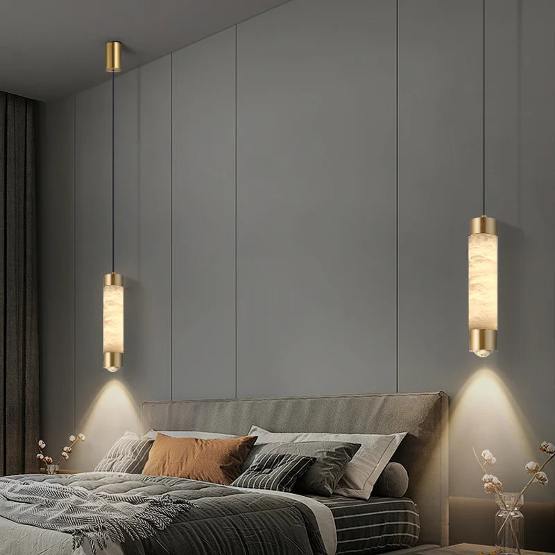 Luxury Copper Spanish Marble Small LED Chandelier High-end Modern Simple Bedroom Bedside Pendant Light Bar Counter Hanging Lamp