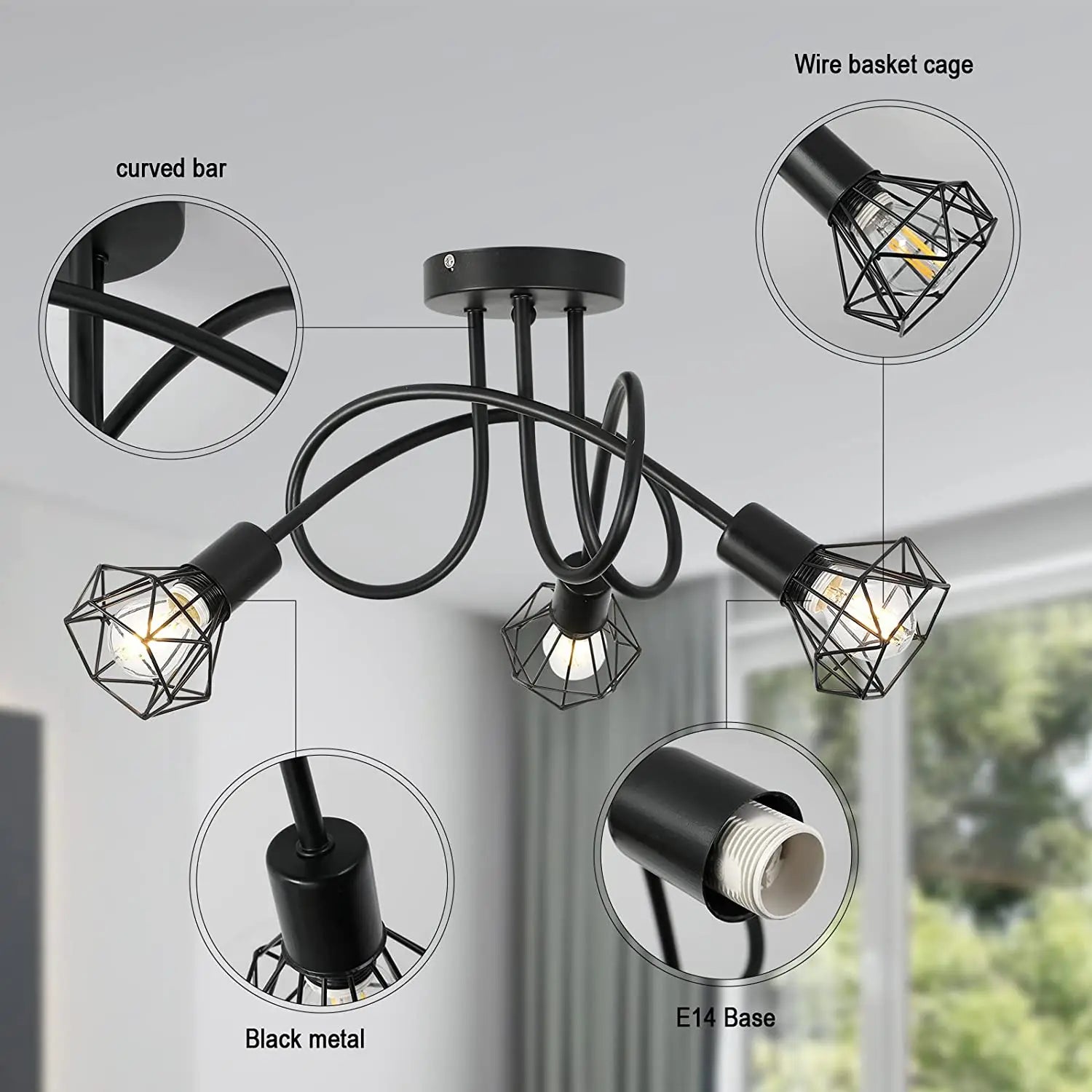 Spider Pendant Lighting 3-Heads Edison Chandelier Vintage Multiple Adjustable DIY Ceiling Light Kit Dining Room and Living Room,