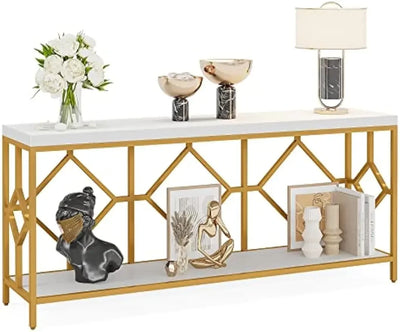 Monte Extra Long Console Table | Industrial Marble Gold Sofa Tables Entry Table Open Storage Shelf
