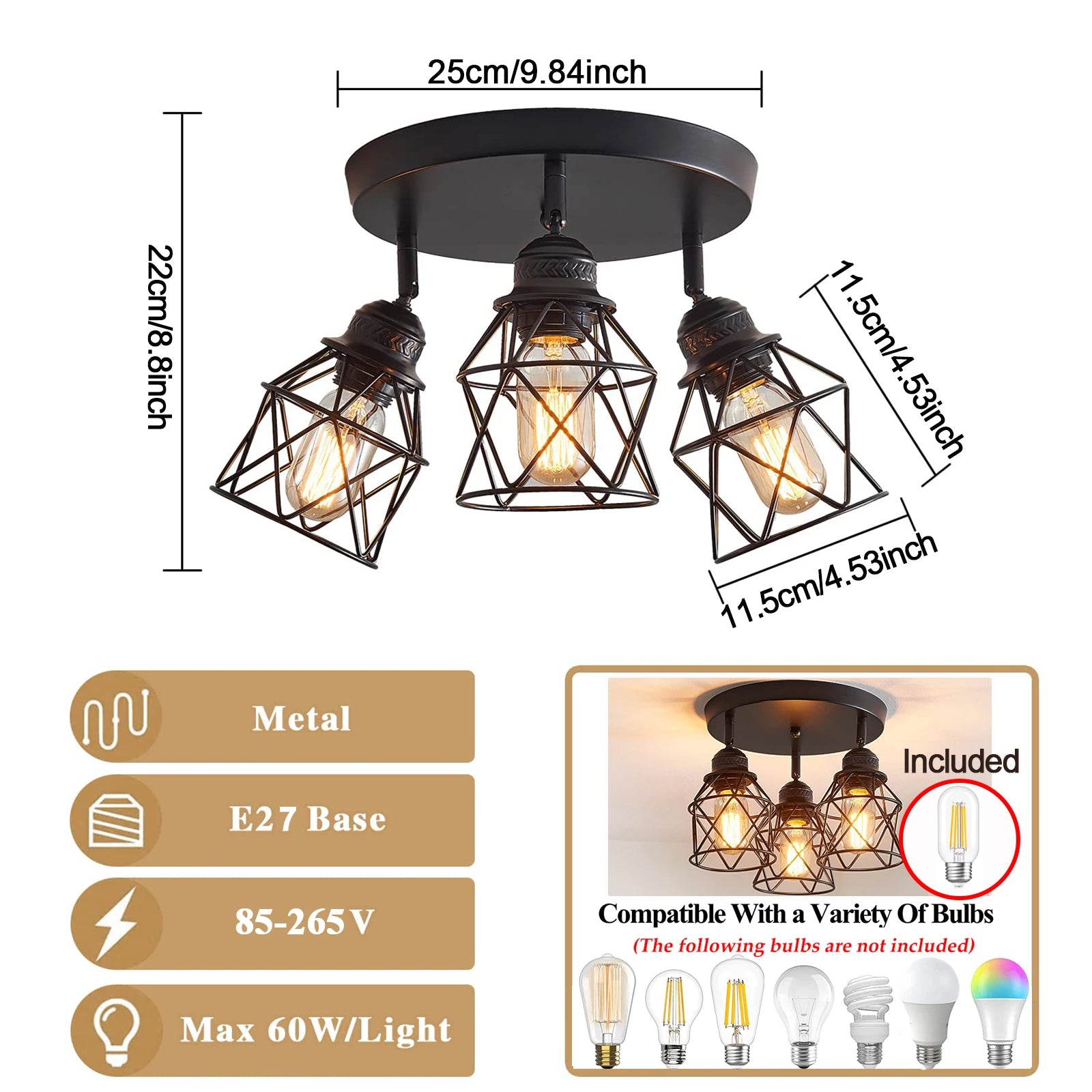 Semi Flush Mount LED Ceiling Light E26/E27 Industrial Chandelier Ceiling Lamp for Porch Hallway Kitchen Farmhouse Light Fixtures