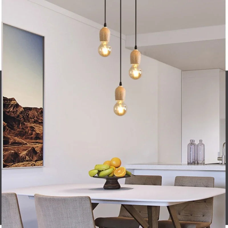 Nordic pendant lamp wood atmospheric Chinese three head dining room dining room modern simple bar personalized creative kitchen