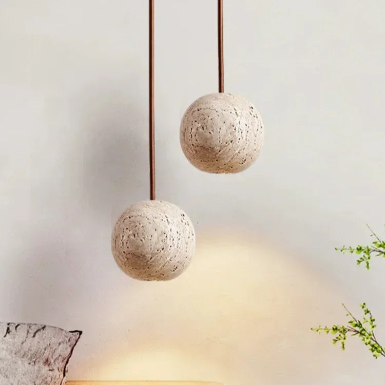 Wabi Sabi Travertine Pendant Light Modern Natural Wood Rock Stone Chandelier For Home Bedside Restaurant