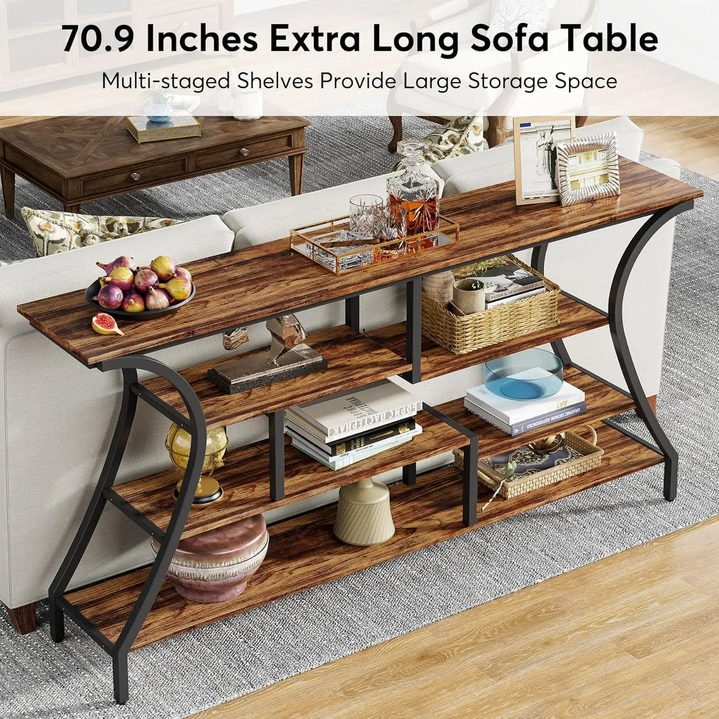 Gardena Extra Long Console Table | Industrial Narrow Sofa Table with Storage Shelves, 4 Tier Entryway Table Behind Couch