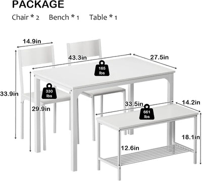 Lest 4 Person Dining Table Set | White Wood 43.3 Inch Kitchen Table Set for 4,2 Chairs with Backrest Bench with Storage, White Rack