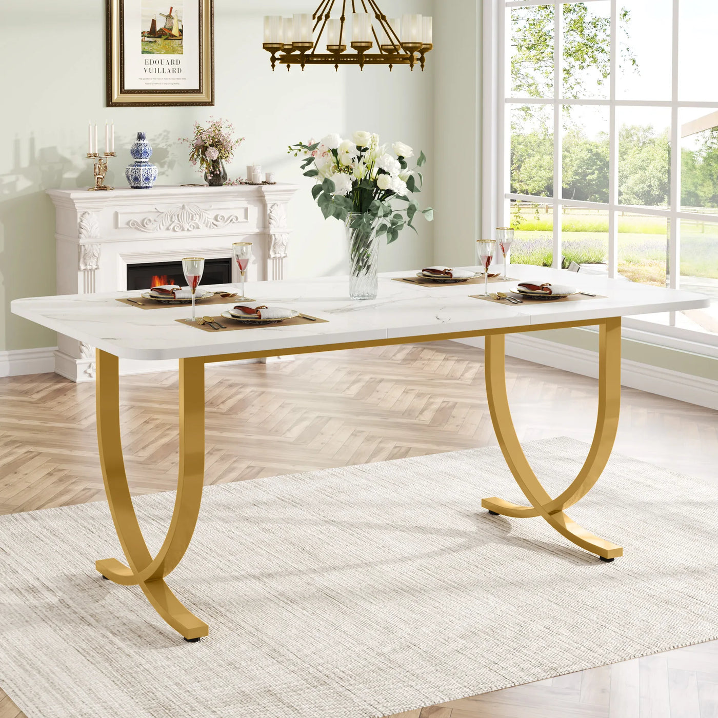 Veterne 63" Modern Rectangular Dining Table Kitchen Table with Faux Marble Top