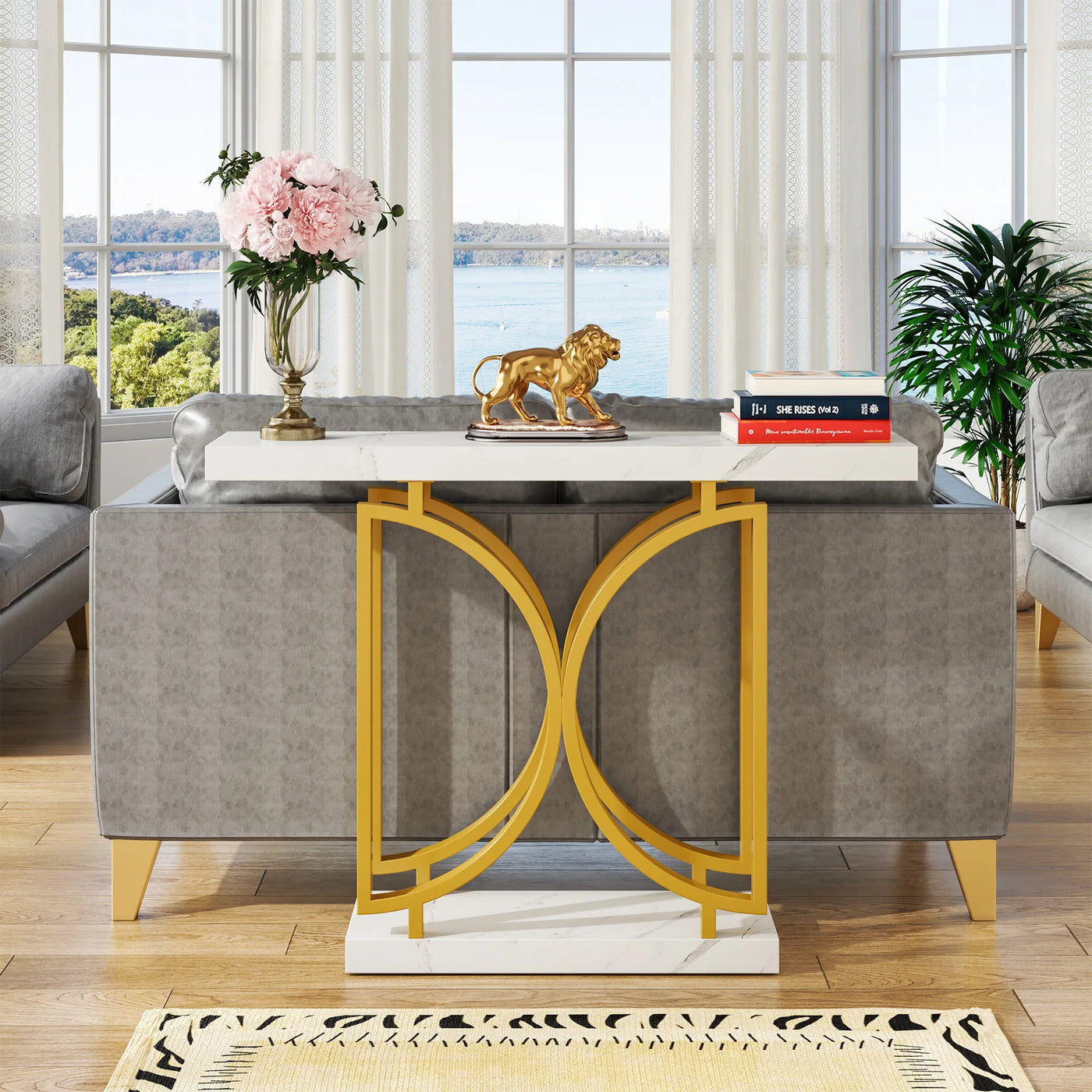 Albert Gold Console Table | 39 Inch Entry Sofa Entryway Table with Double D-Shaped Metal Base