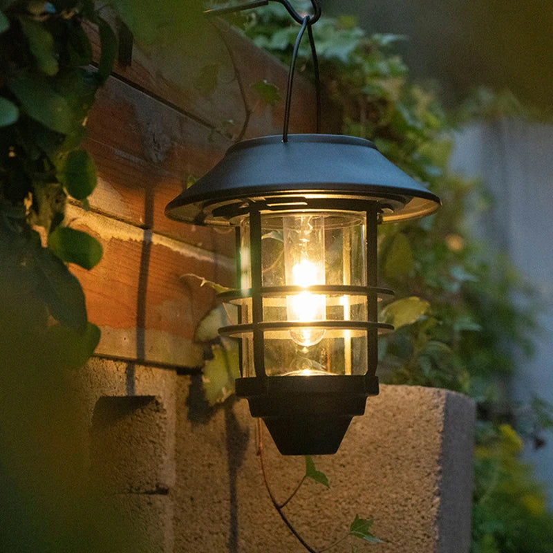 Outdoor Solar Lights Retro Lantern Hanging Wall Lamp Waterproof Vintage Metal Solar Garden Lights Villa Porch Tungsten Bulb