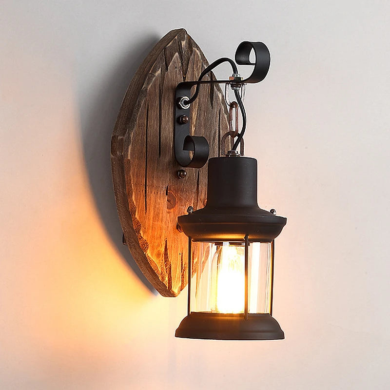 Outdoor Wall Lamp Antique Loft Wood Glass Restaurant Cafe Bar Sconces Vintage Industrial Retro Wall Sconce for Bedroom