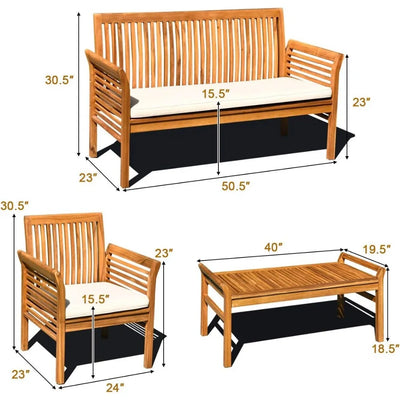Sesame 4 Piece Outdoor Wood Sofa Set | Waterproof Cushions, Padded Patio Table and Chair Set