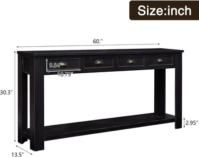 Casette Long Hallway Console Table | with 4 Drawers, Modern Black Wood Entryway Table with Storage Shelf