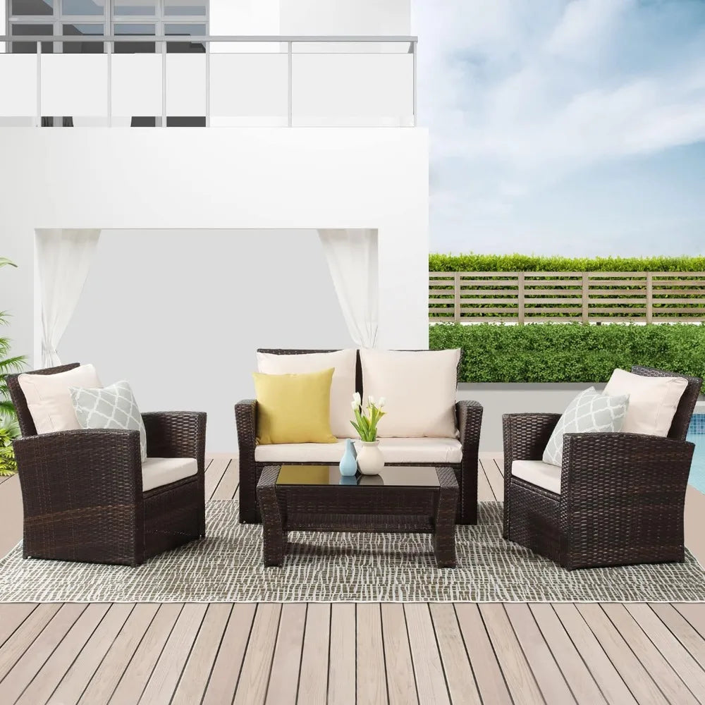Monte Outdoor 4 Piece Sofa Set | Wicker Rattan Couch Dining Table & Cushion Patio Furniture Set