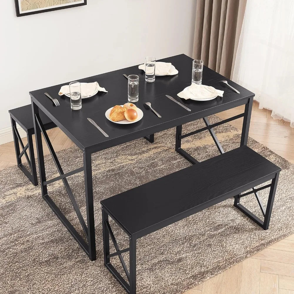 Monica Wooden 3 Piece Dining Room Table and Chairs |  Metal Frame for Breakfast Nooks and Small Spaces Kitchen Table With 2 Benches for 4