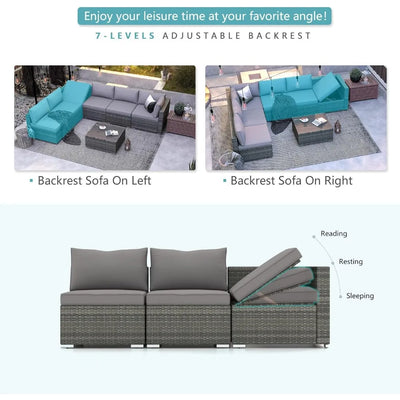 Cardosa Outdoor Sectional Sofa Set, All Weather Rattan Wicker Sofa with Coffee Table  Adjustable Bracket for Porch Grey Garden Patio Couch