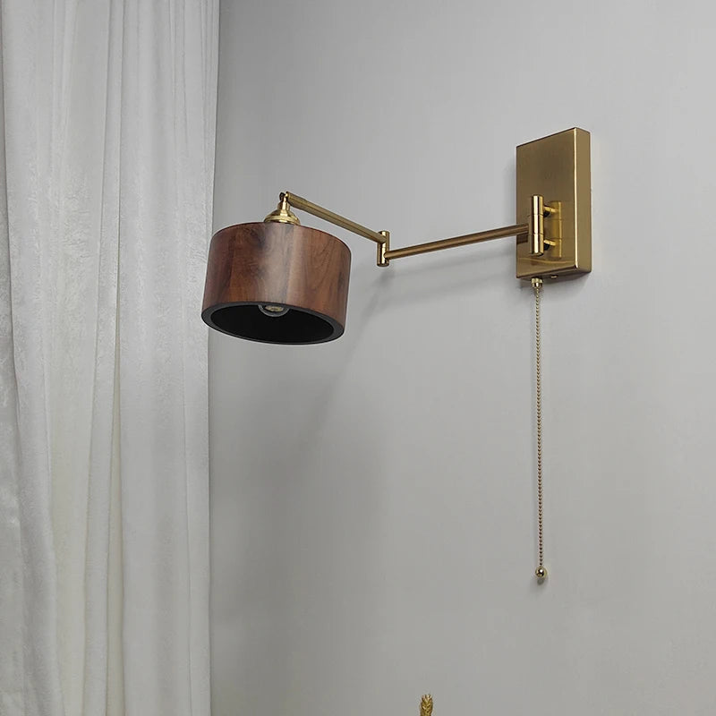 IWHD Pull Chain Switch LED Wall Light Fixtures Sconce Left Right Rotate UP And Down Bedroom Beside Lamp Wooden Modern Wandlamp