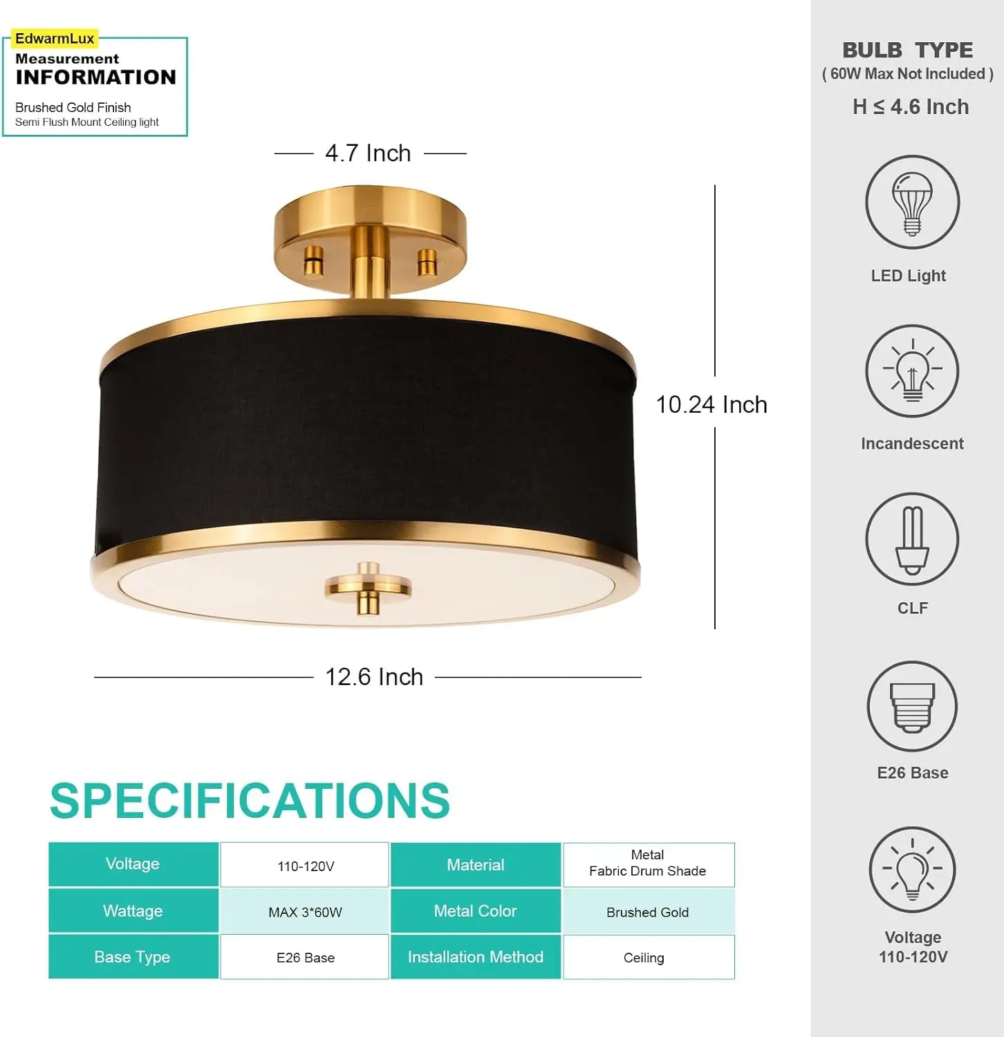 3-Light Semi Flush Mount Ceiling Light, Gold Light with Black Fabric Shade, Modern Ceiling Lamp for Living Room Bedroom