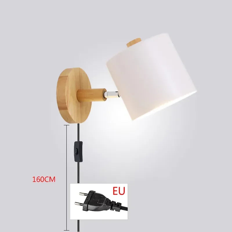 Nordic Modern E27 LED Wall Lamp With Switch And EU US Plug Adjustable Wood Sconces Light Indoor Home Decor Bedside Bedroom