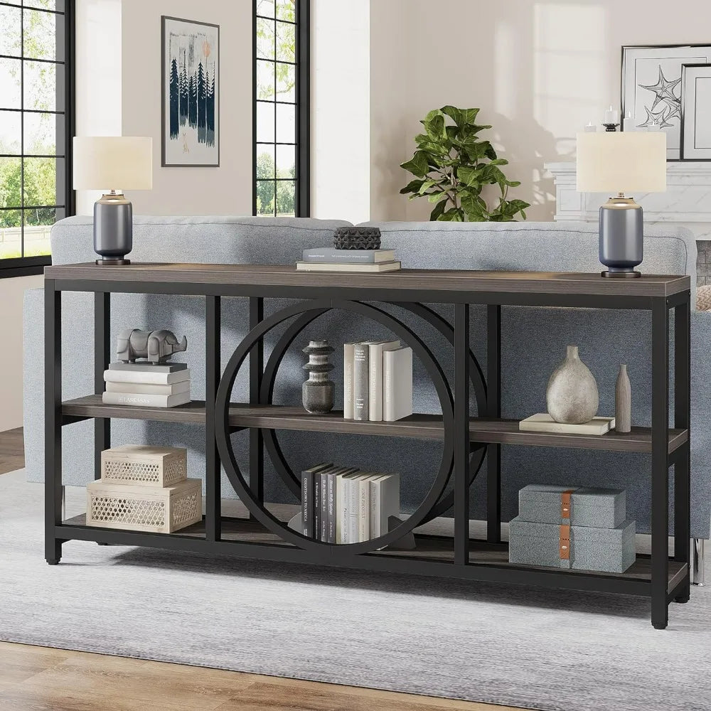 Richmond Console Table | Extra Long Narrow Entryway Tables with 3 Tier Metal Wood Storage Shelves